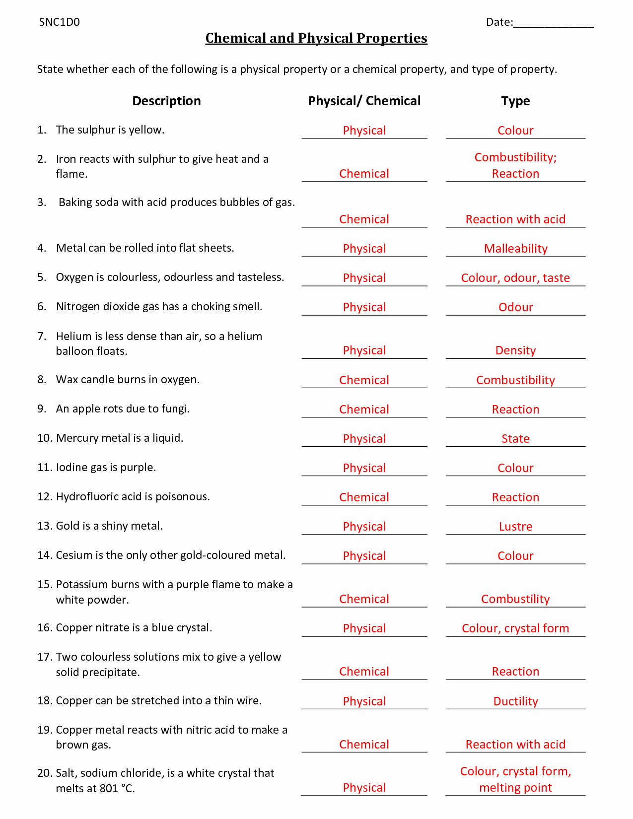 physical or chemical change worksheet