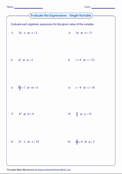 evaluating expressions worksheet pdf