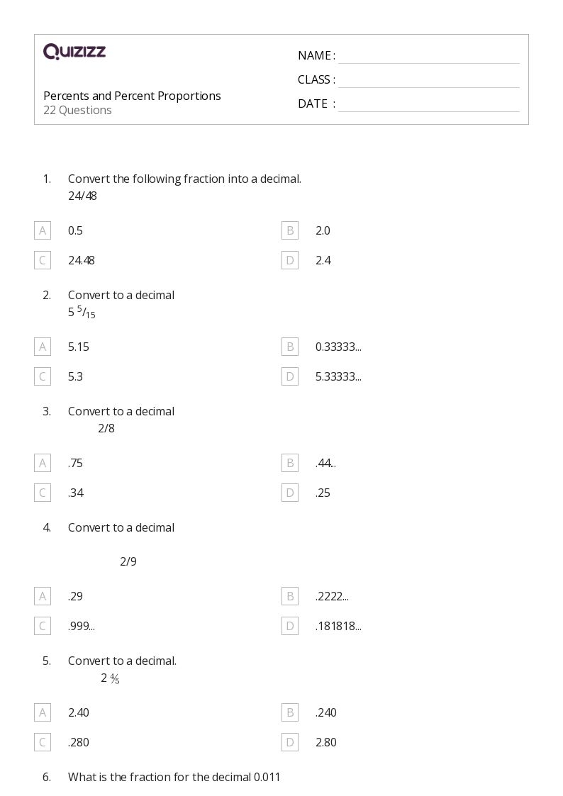 50 Percents Worksheets For 7th Grade On Quizizz Free Printable 