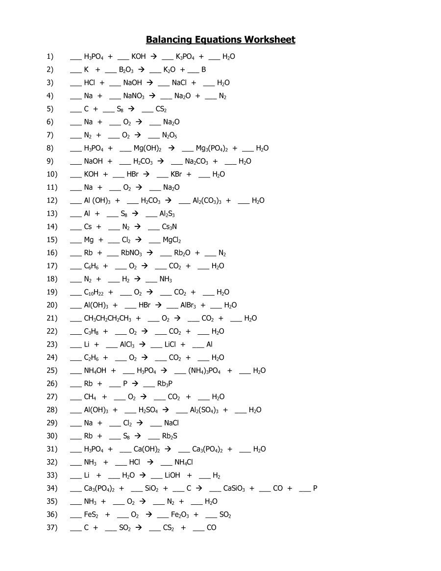 equation worksheet a balancing chemical equations
