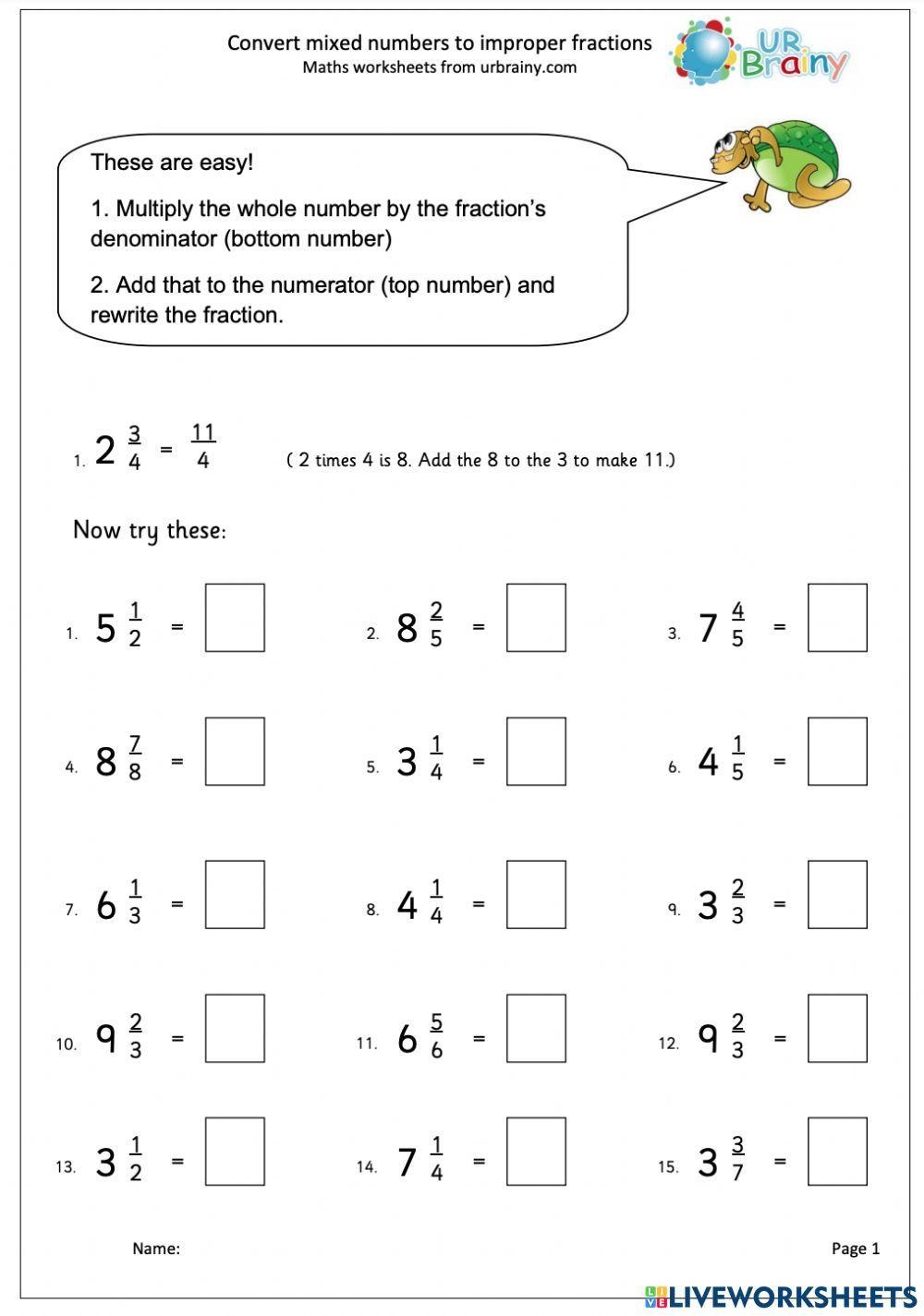 mixed numbers and improper fractions worksheet
