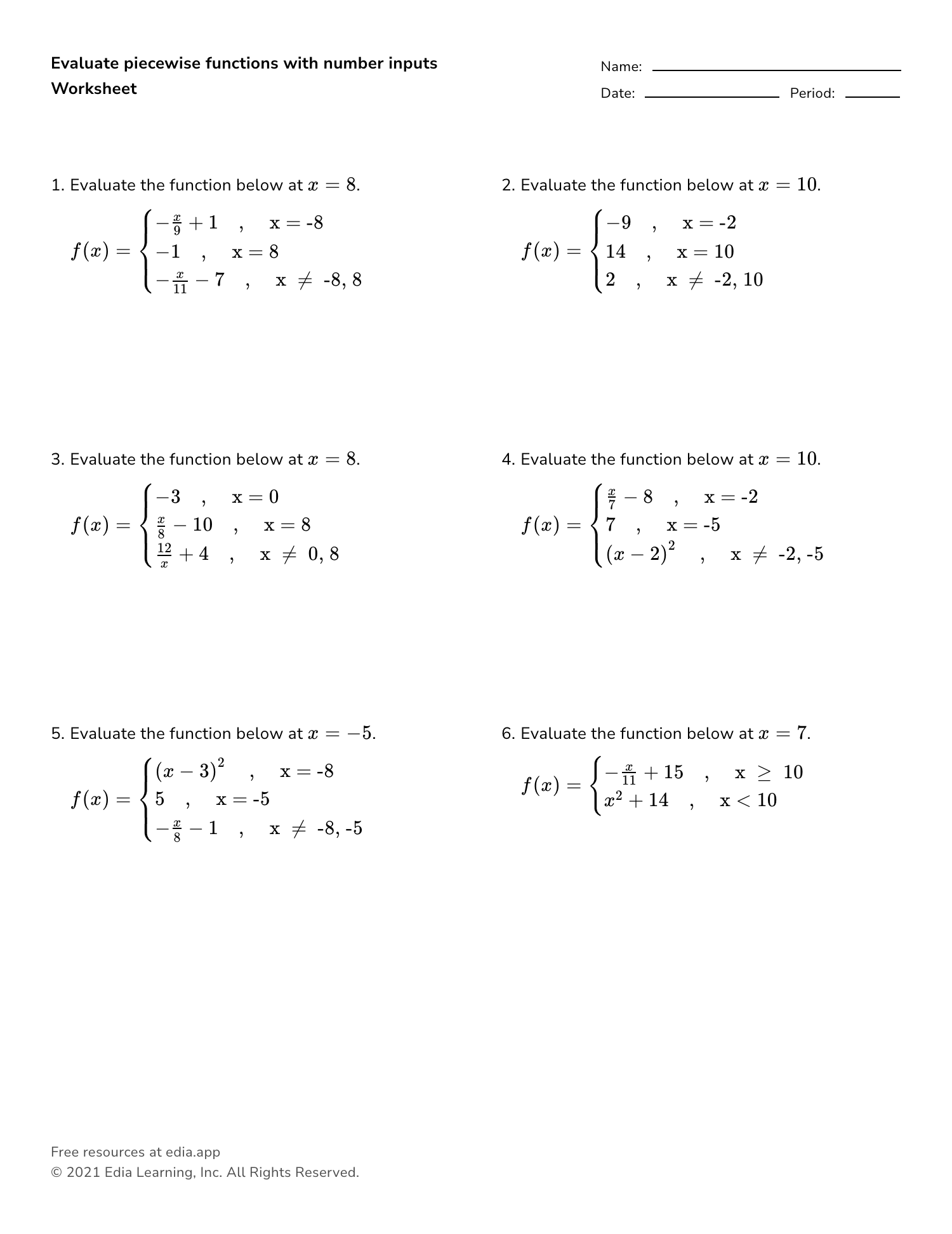 piecewise function worksheet