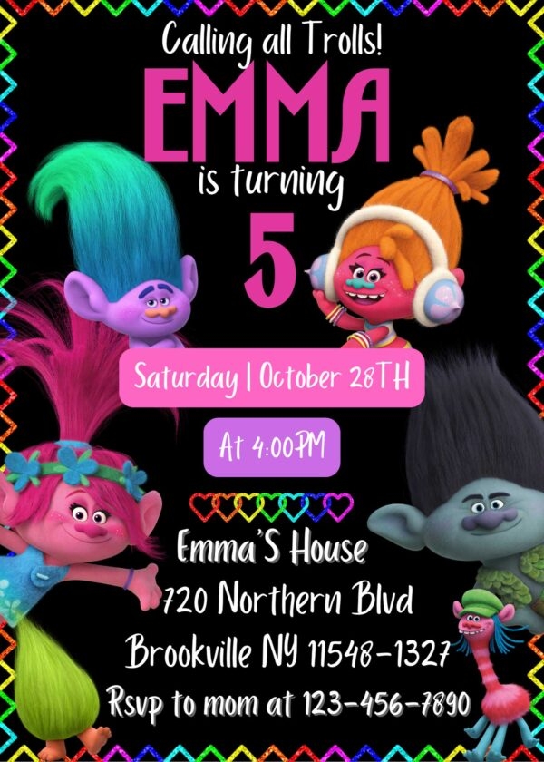Editable Trolls Birthday Invitation Template Sweet Invite
