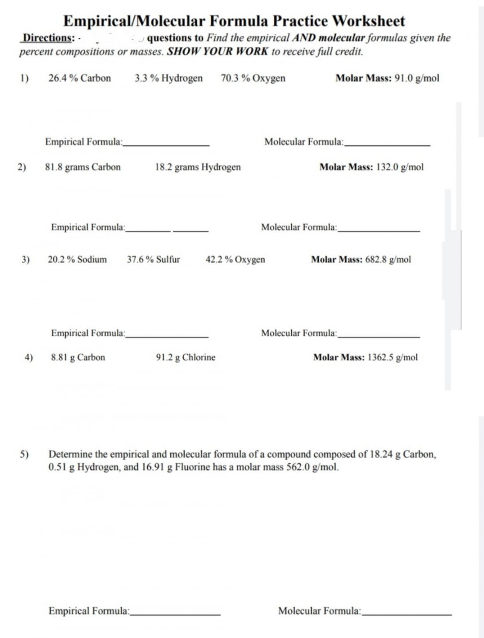 Empirical Formula Practice Worksheet Printable PDF Template
