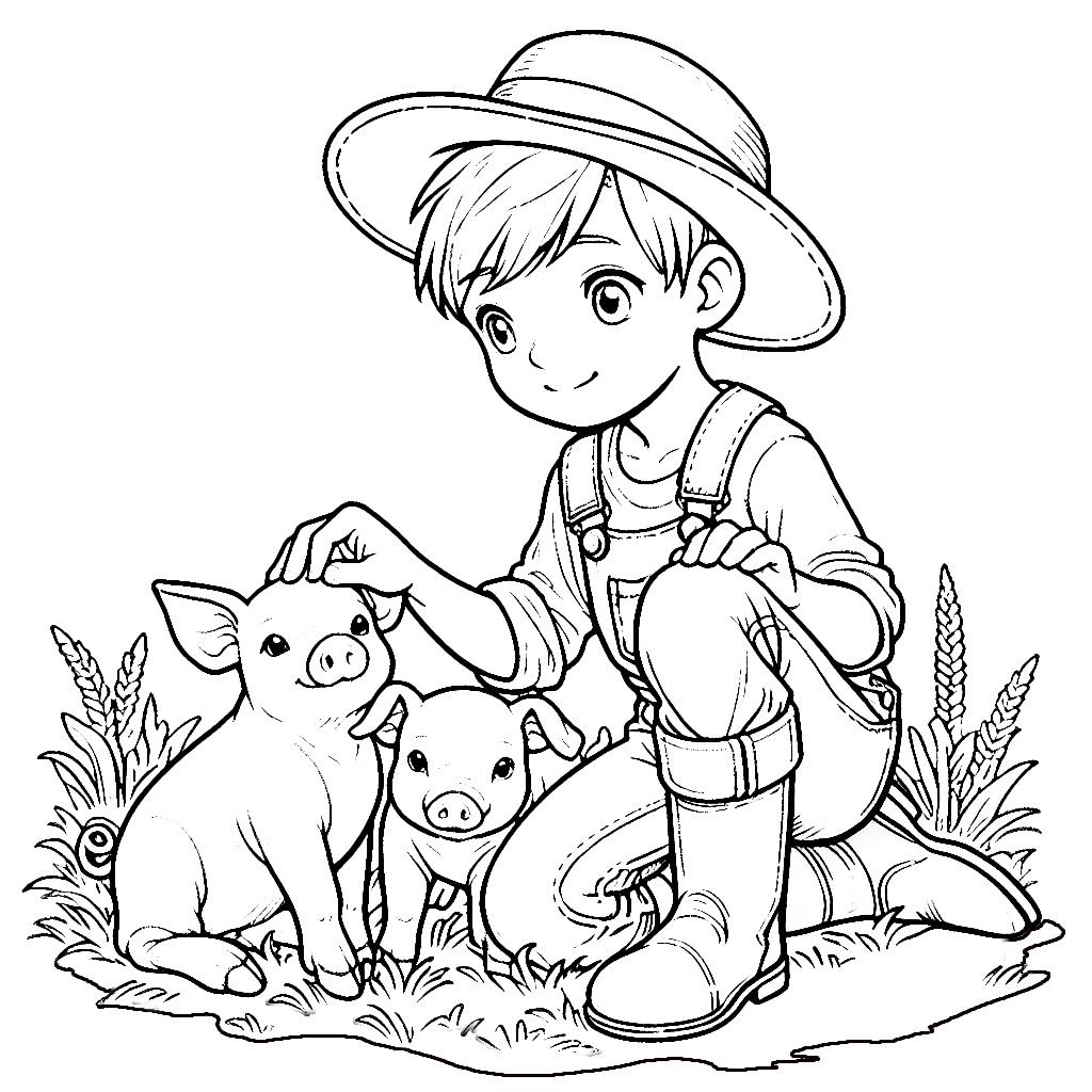 Farmer Boy With Hat Carressing Two Piglets Baby Pigs Coloring Page 