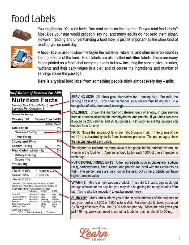 nutrition label worksheet