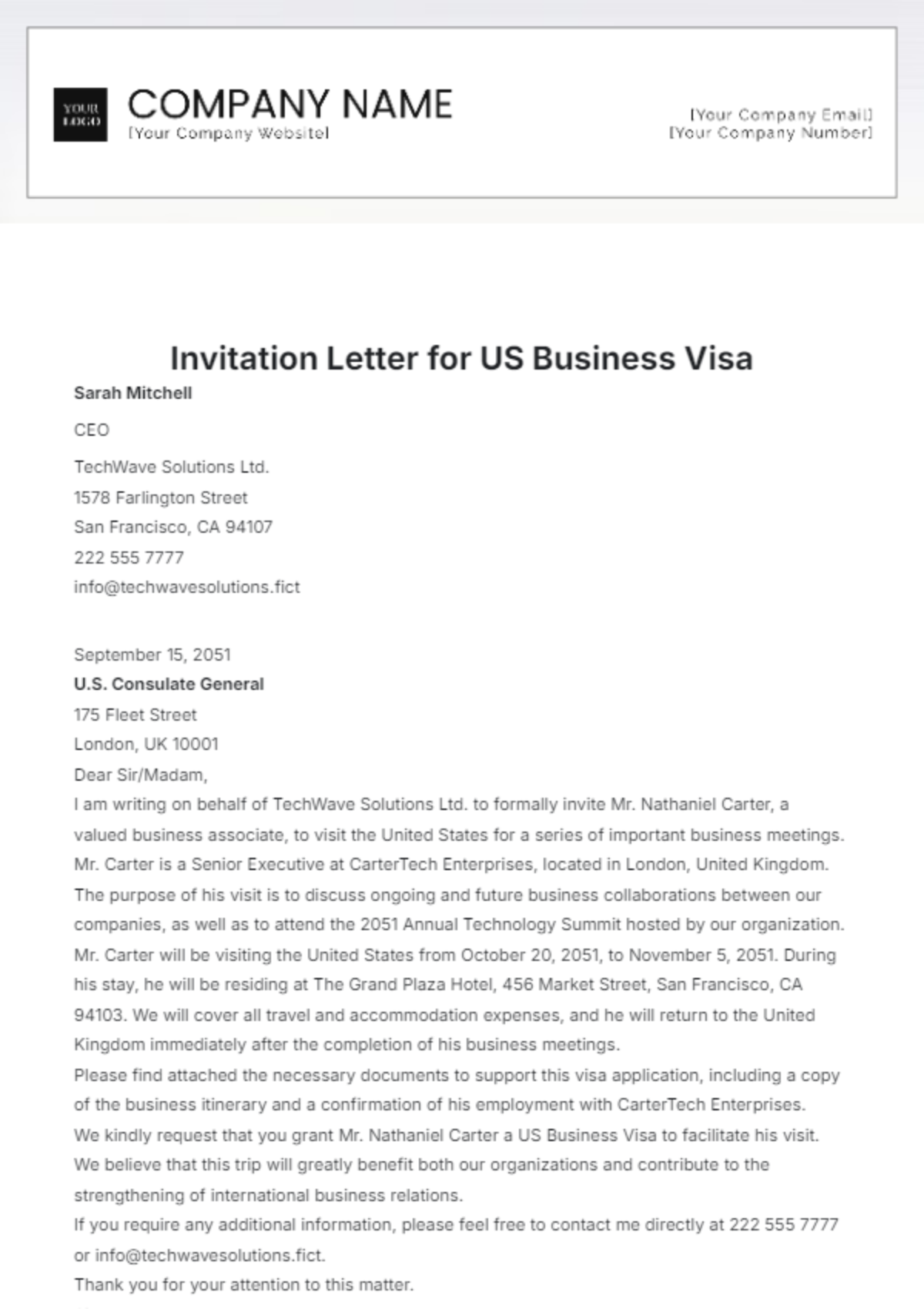 template for invitation letter for us visa