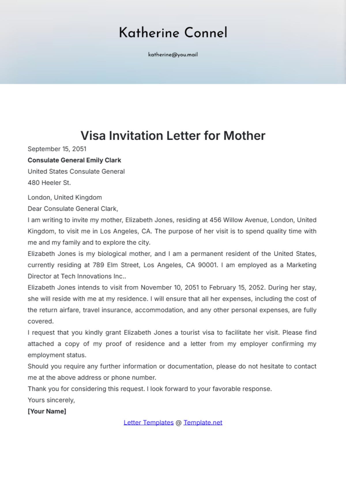 usa visa invitation letter template