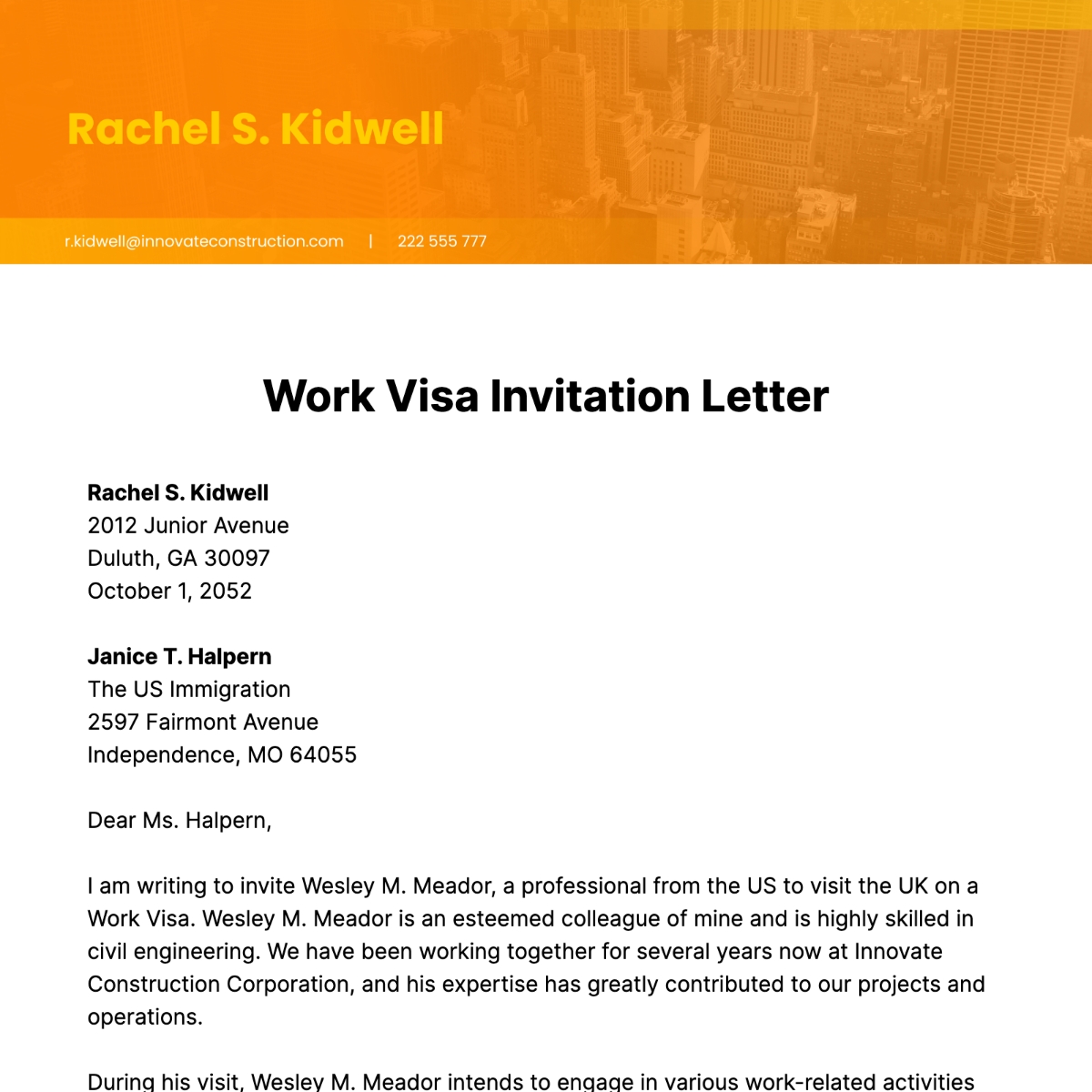Free Work Visa Invitation Letter Template To Edit Online