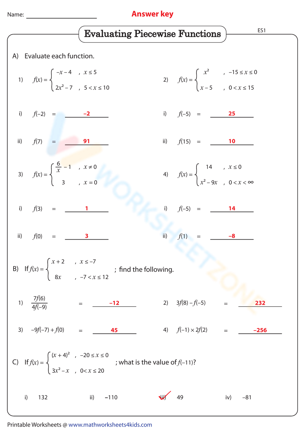 Grade 10 Evaluating Piecewise Functions Worksheets 2024 Worksheets 