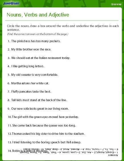Identify Nouns Verbs Adjectives Worksheets Worksheets Master