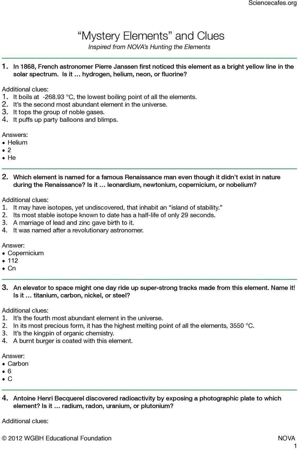 nova hunting the elements worksheet