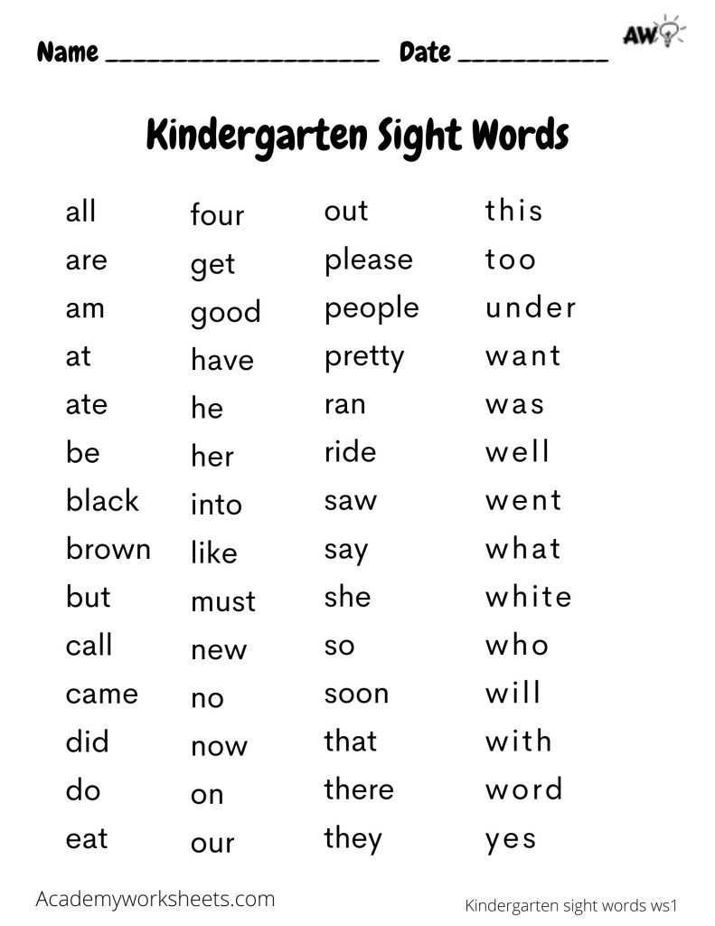kindergarten sight words worksheets pdf