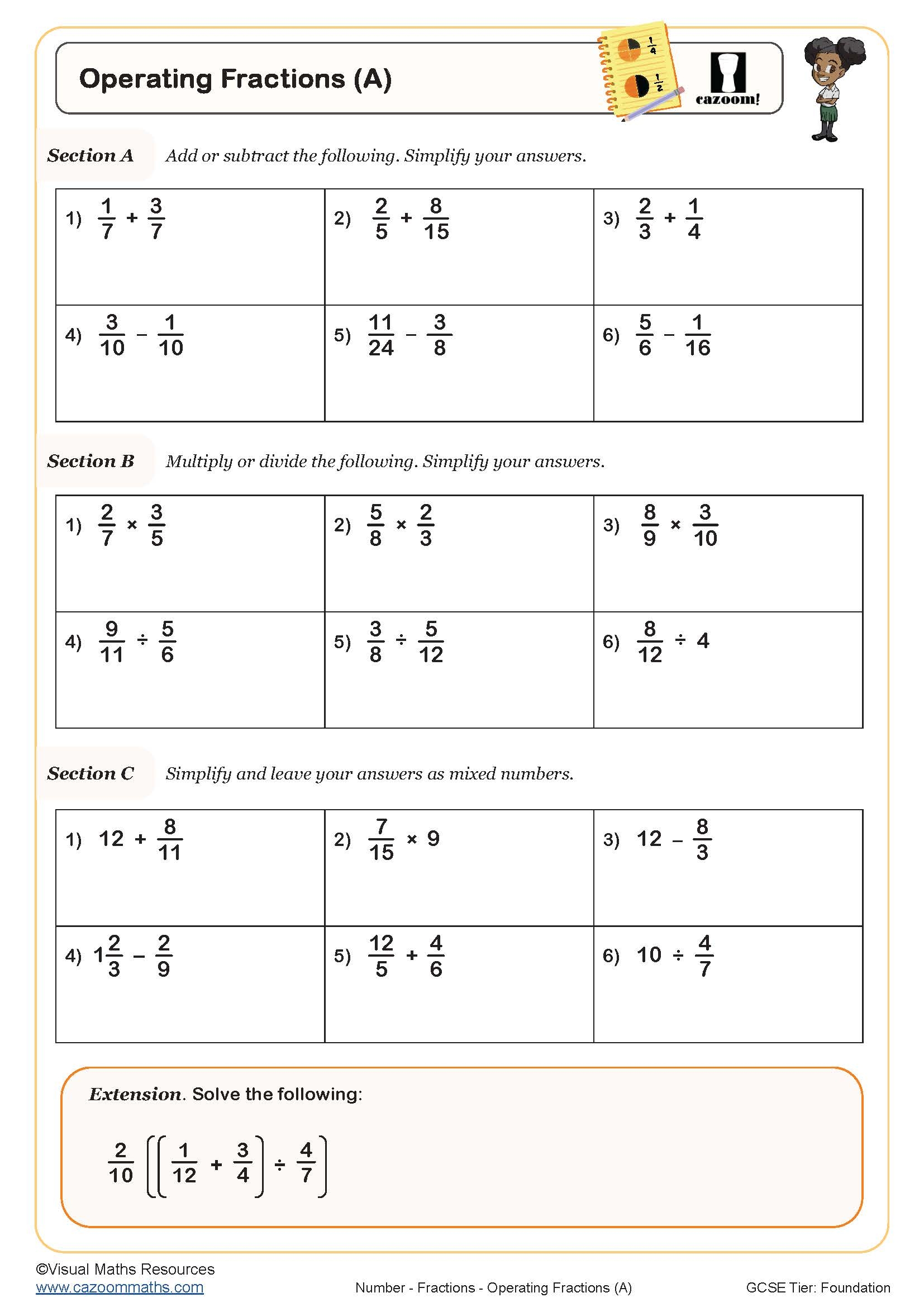 fraction operations worksheet