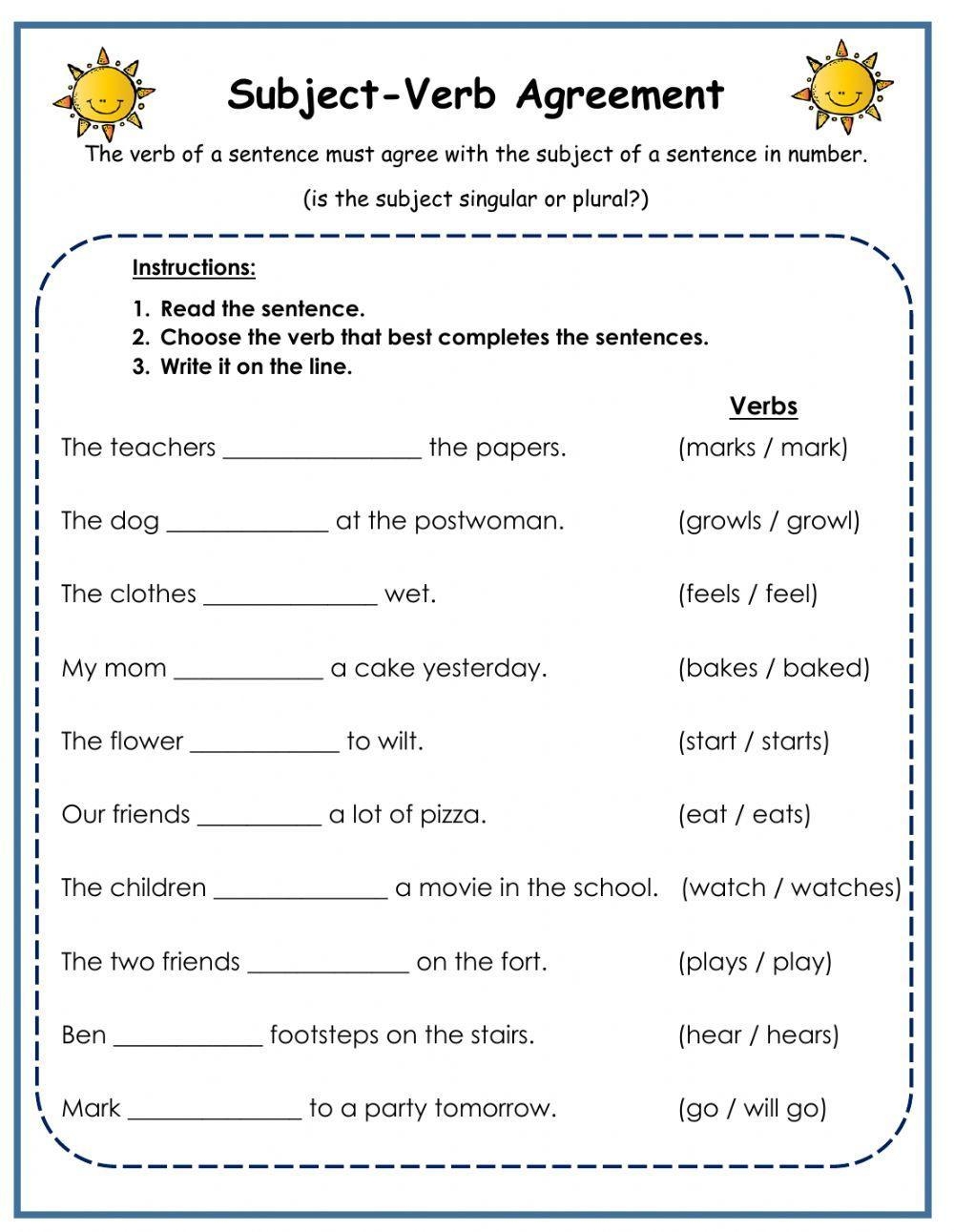 subject verb agreement is are worksheets