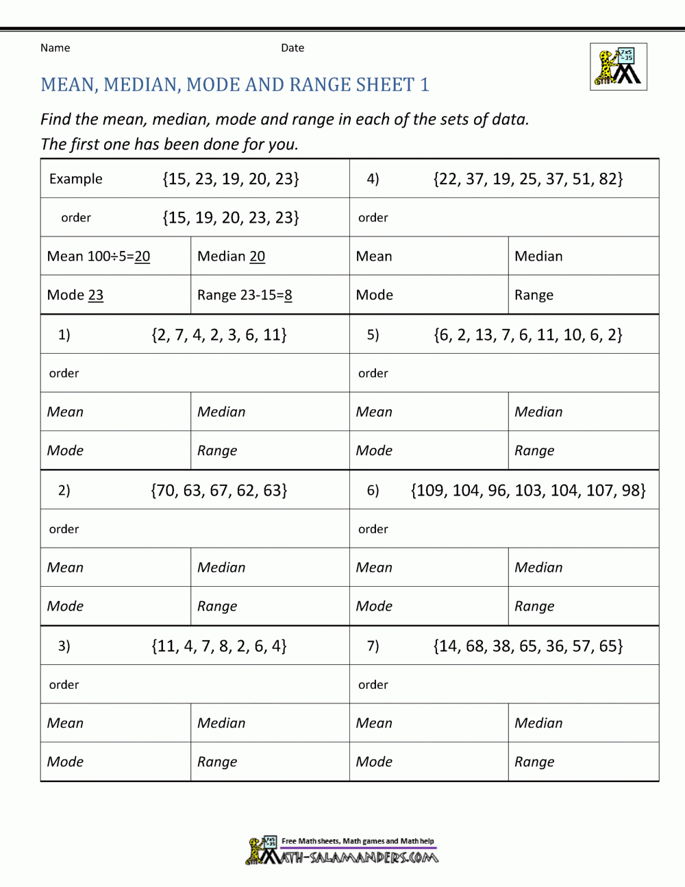 Mean Median Mode And Range Sorted Sets Sets Of 5 From 10 To