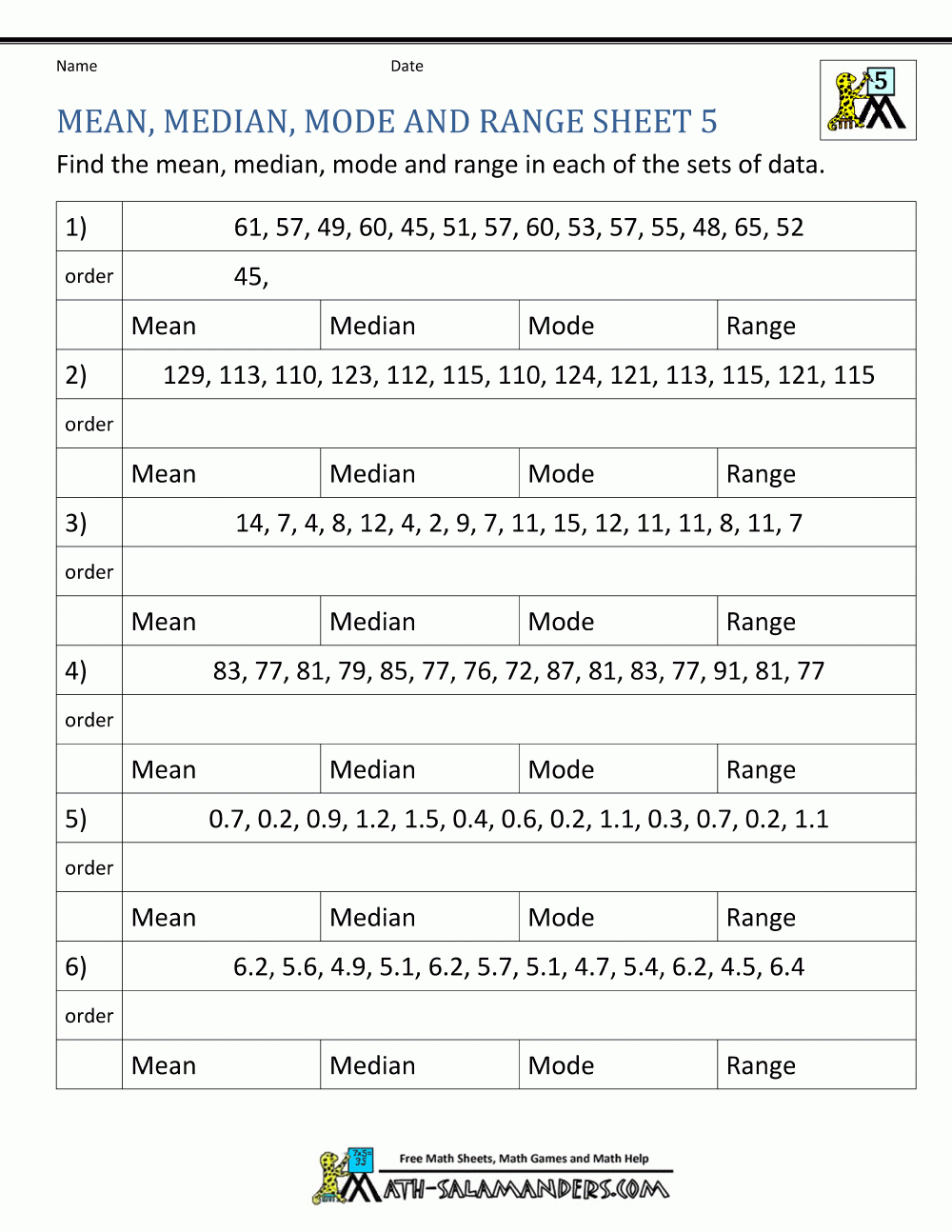 mode median and range worksheets