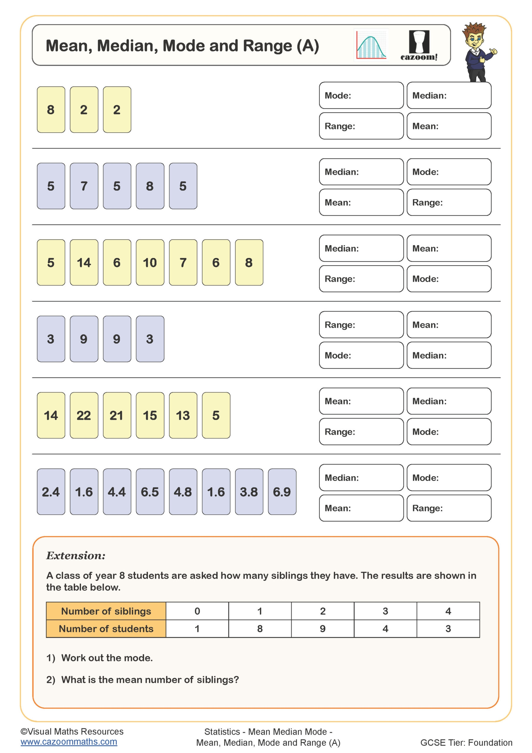 Median Mode And Range Worksheet Practice Problems For Statistics