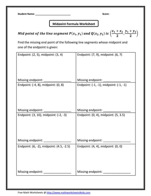 Midpoint Formula missing endpoint PDF Worksheets Library