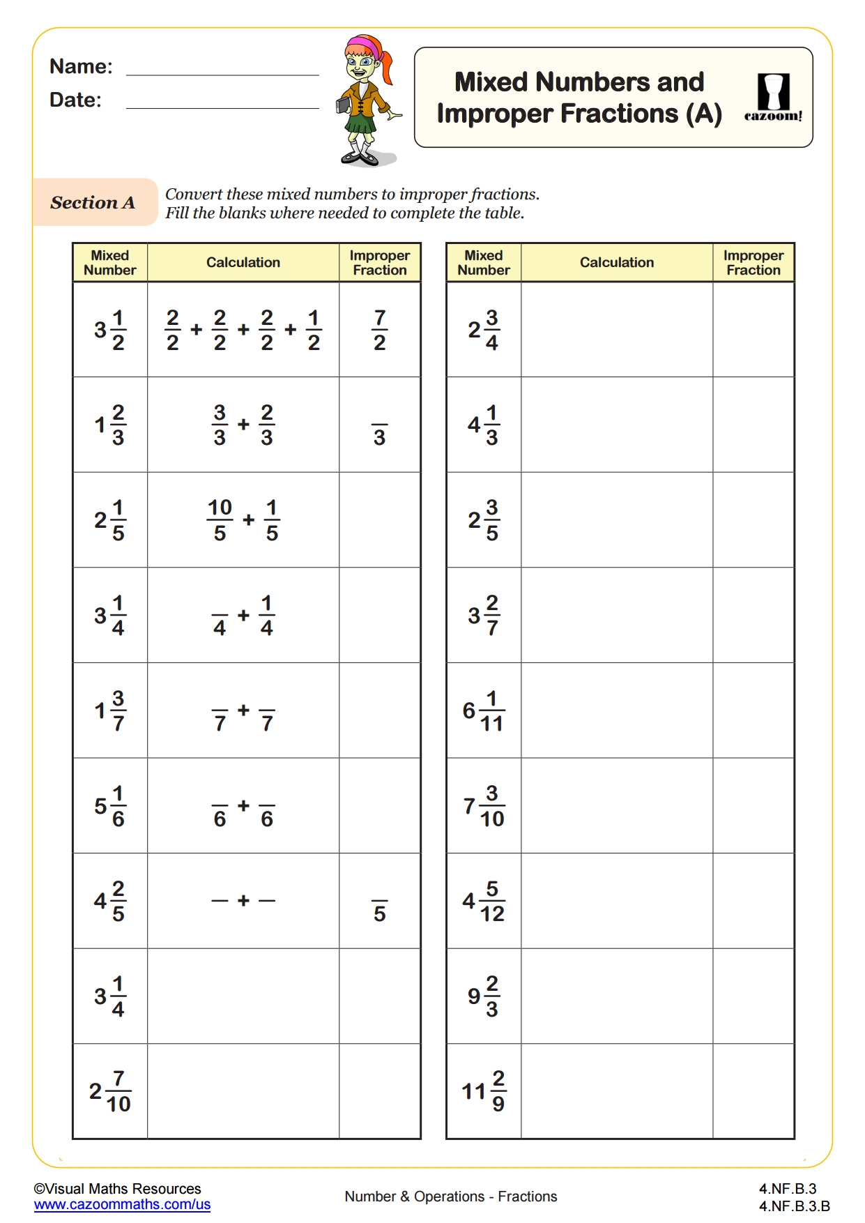 mixed and improper fractions worksheet