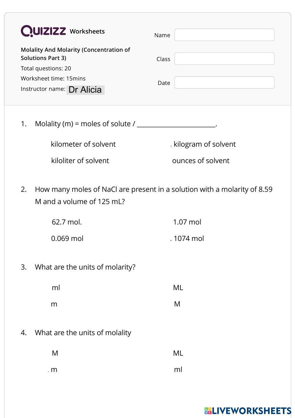 Molality And Molarity Concentration Of Solutions Part 3 Live 