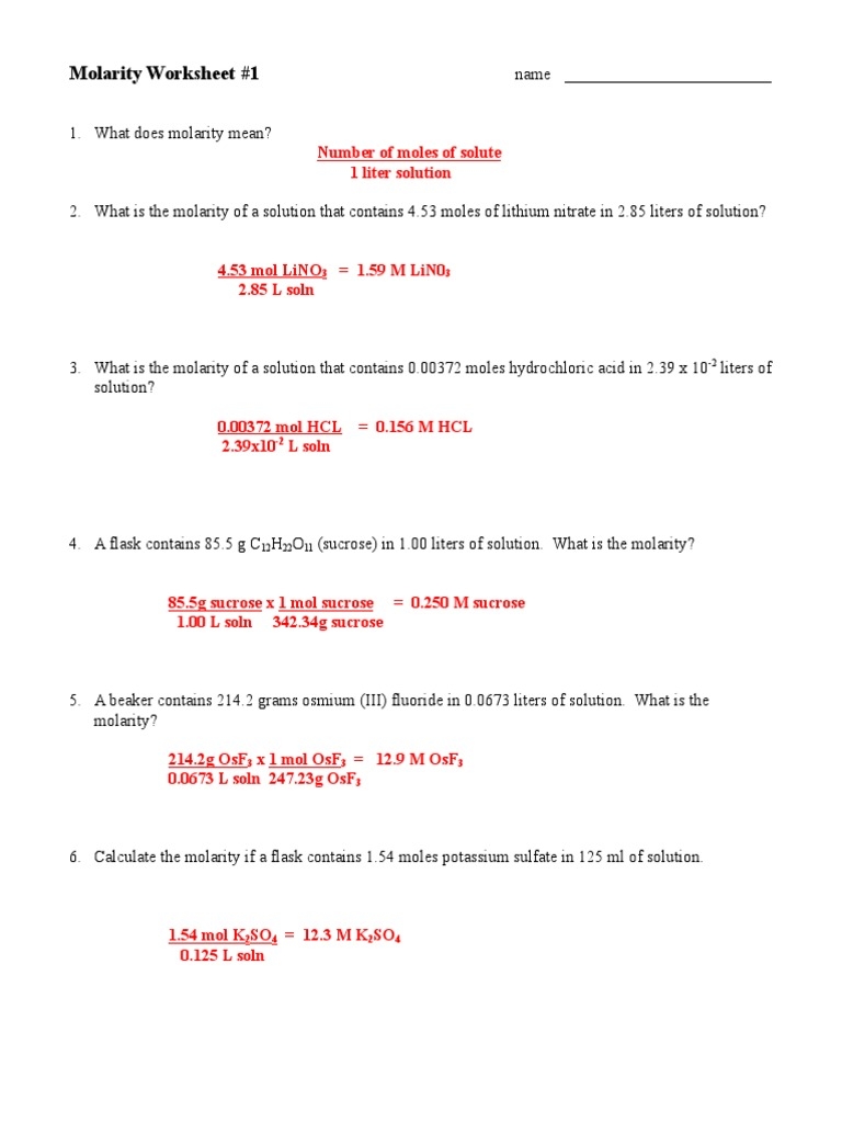 Molar Concentration Worksheet PDF Worksheets Library