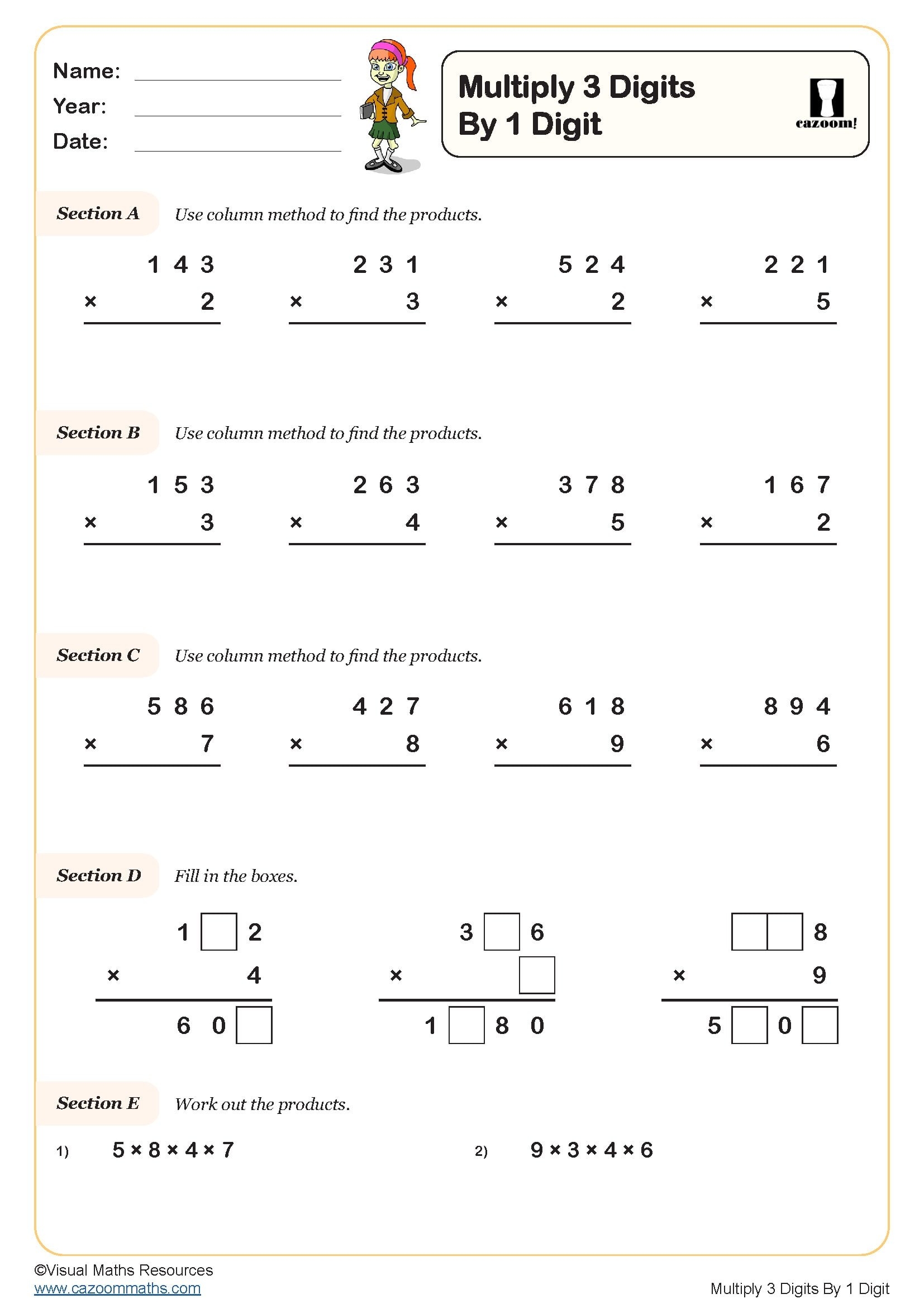 Multiplication By 3 Digits Worksheets