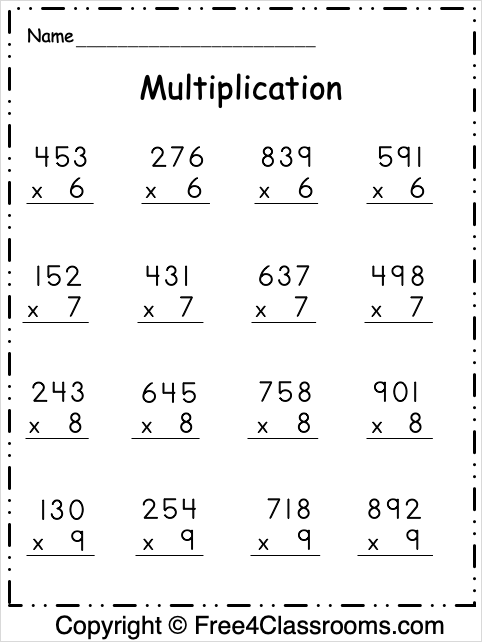 multiplication by 3 digits worksheets