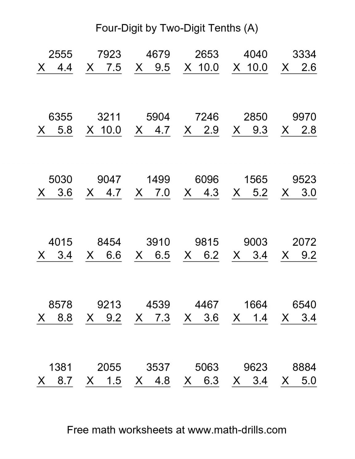 Multiplication Worksheets 6th Grade Printable