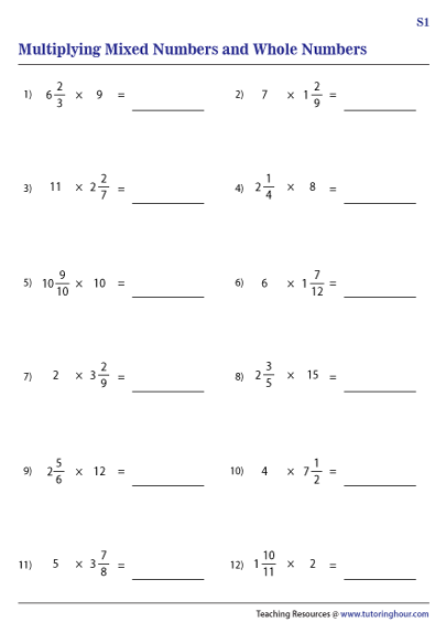 Multiplying Mixed Fractions By Whole Numbers Worksheet No 1