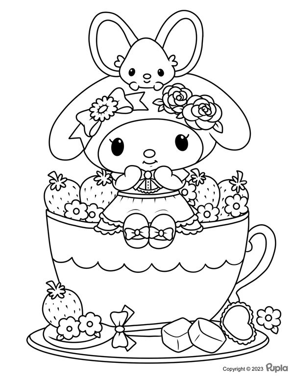 My Melody In A Cup With Strawberries Coloring Page Hello Kitty 