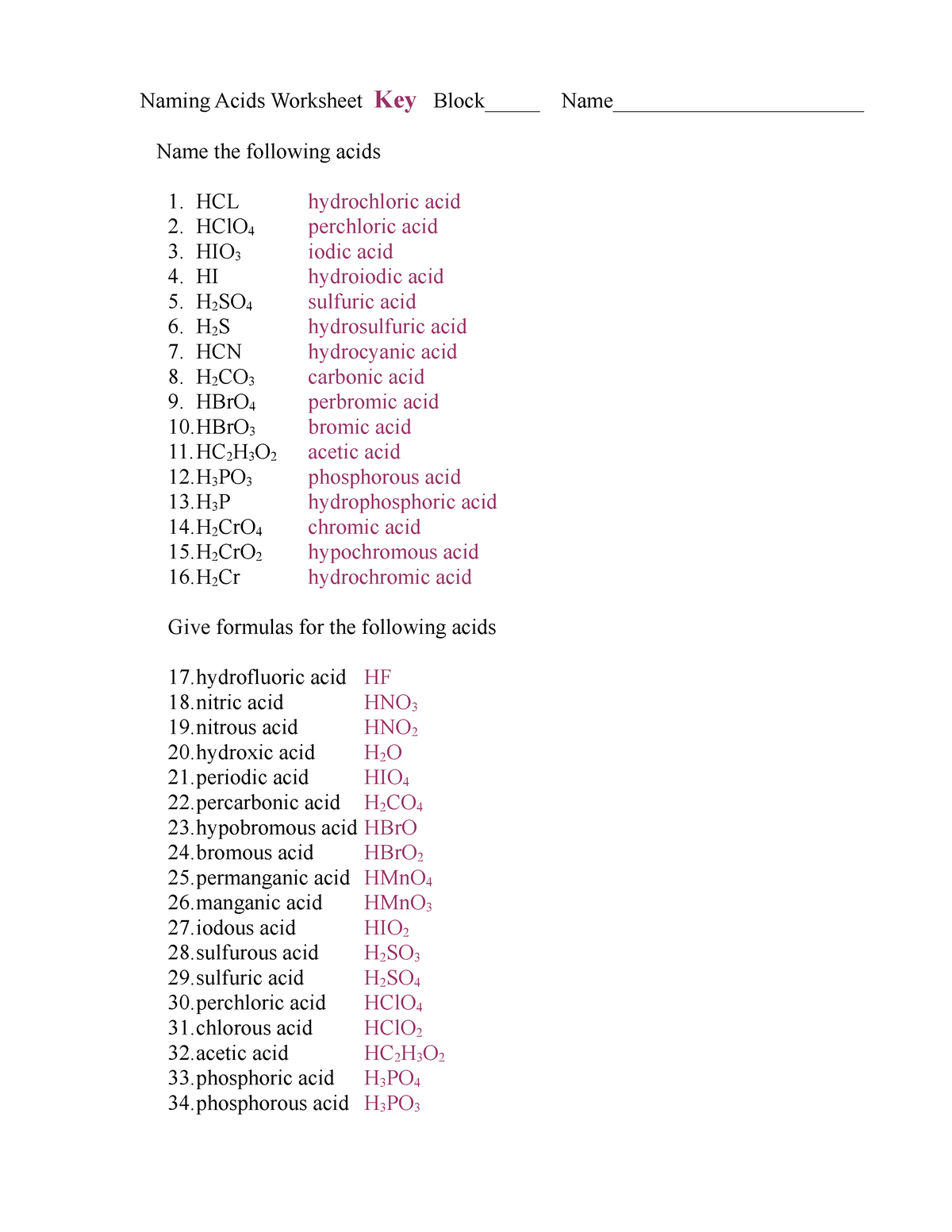 naming acids worksheet