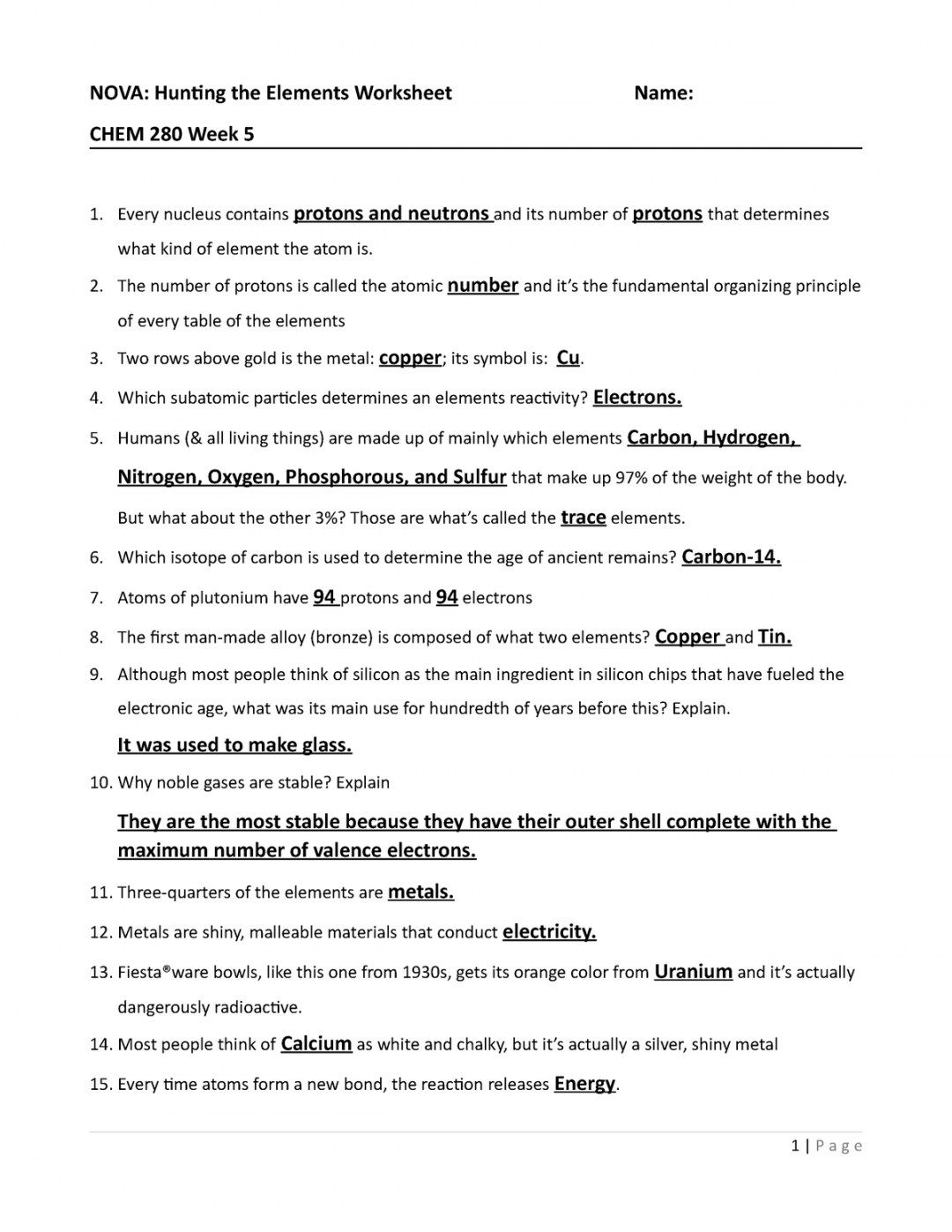 Nova Hunting The Elements Worksheet Martin Lindelof