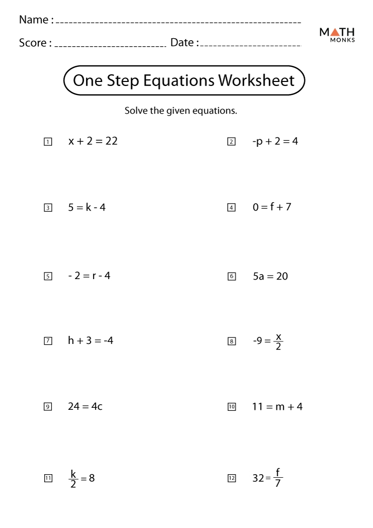 one step equations worksheets