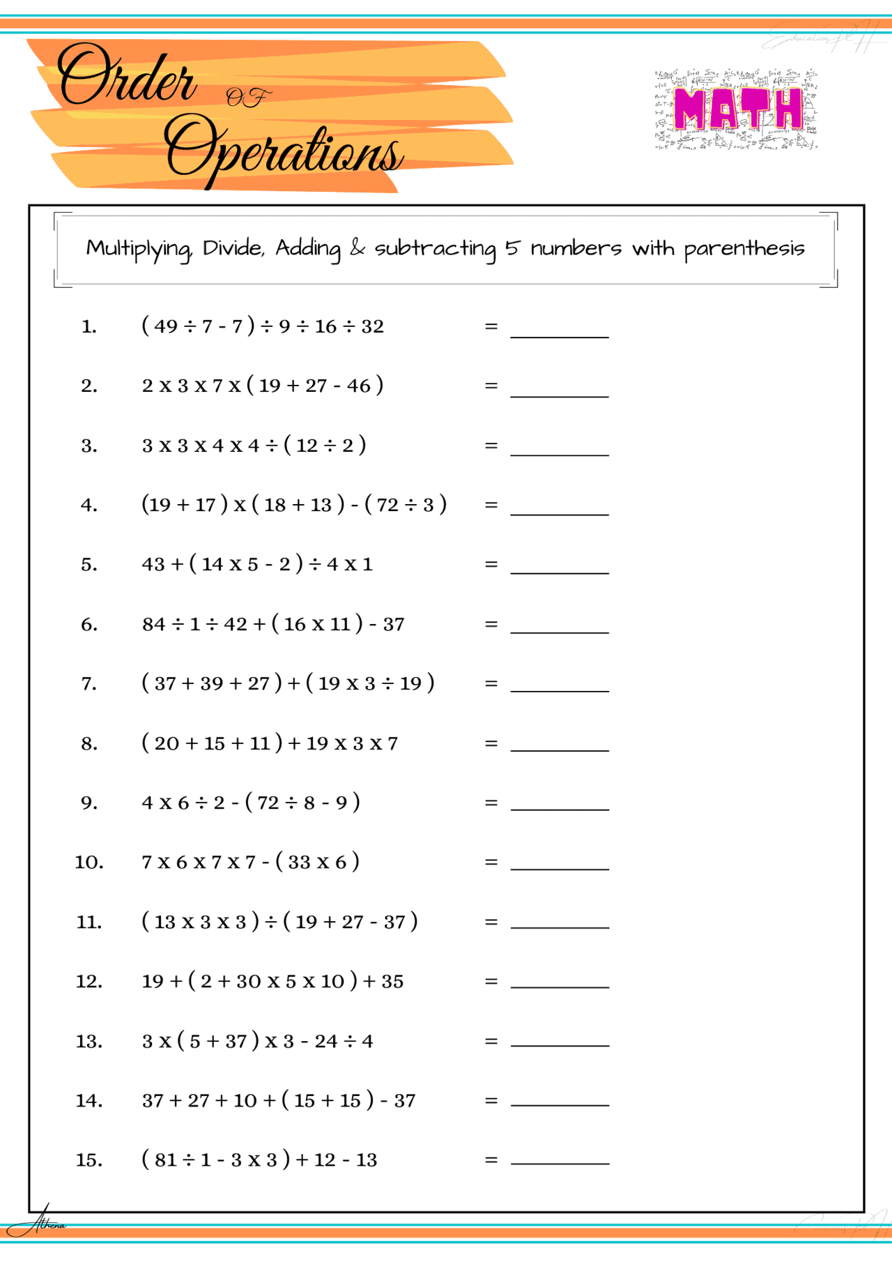 order of operation worksheet