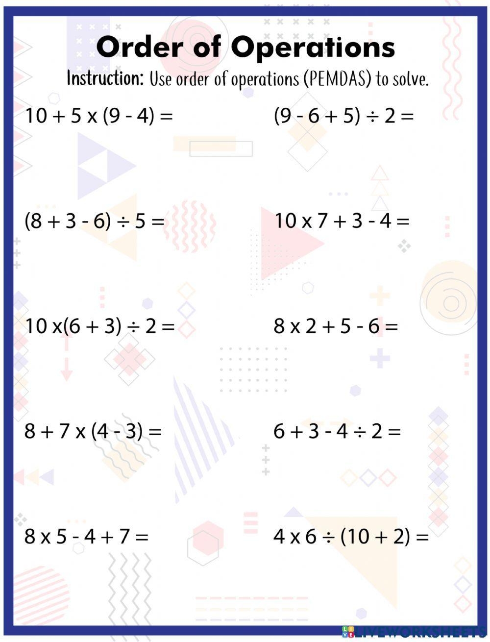 Order Of Operations Worksheets Order Of Operations Worksheets 
