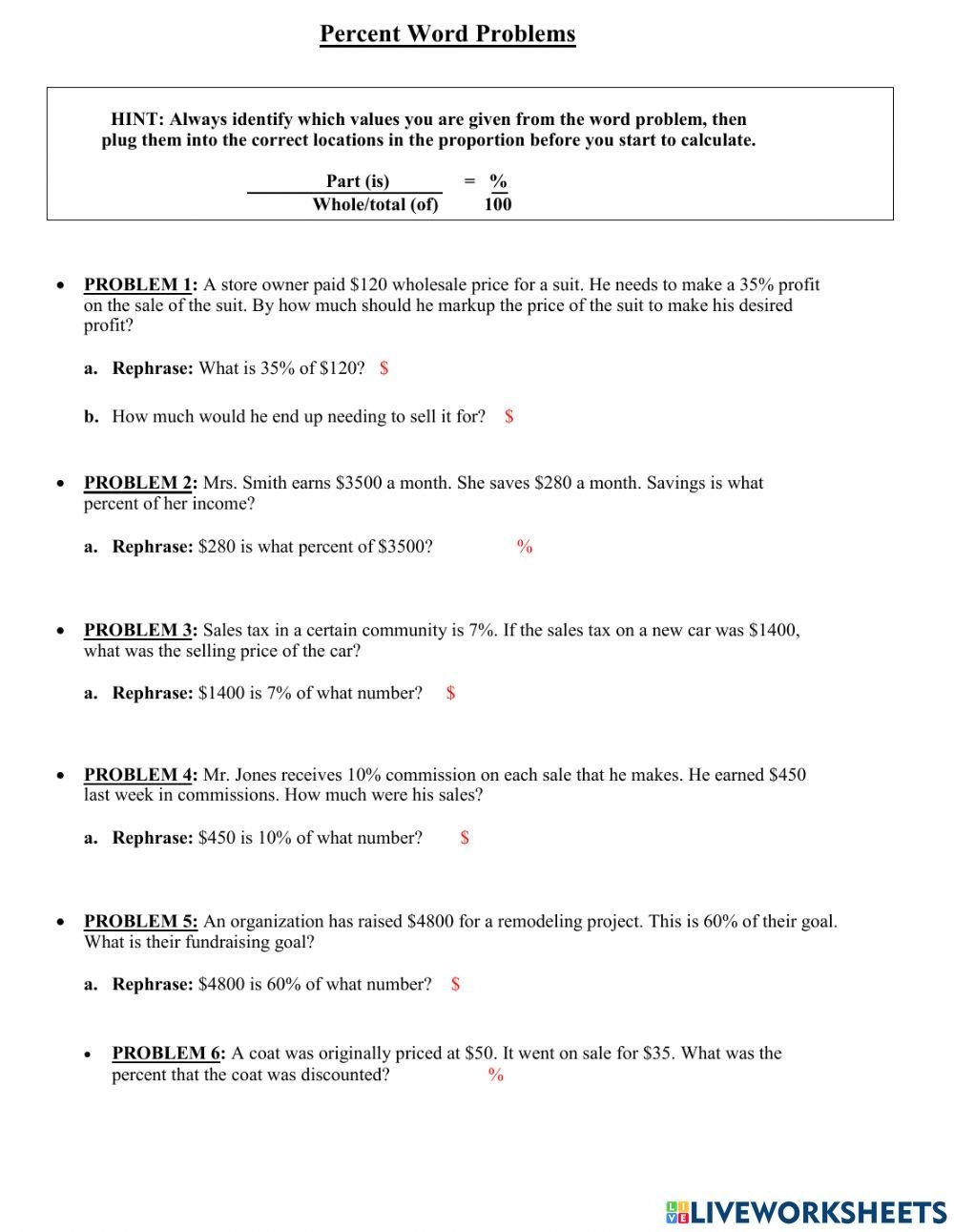 Percent Proportion Practice Worksheet Live Worksheets Worksheets