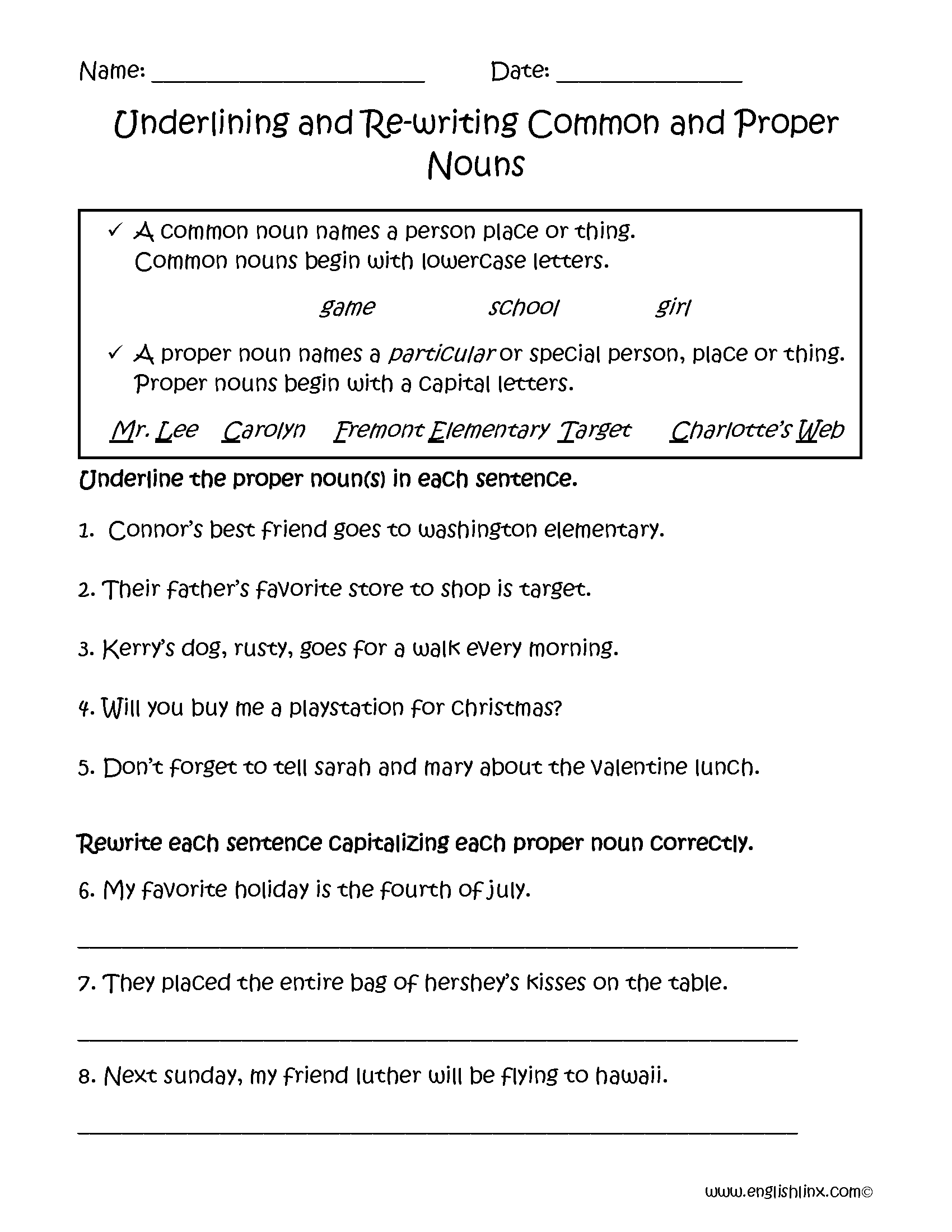 nouns proper and common worksheets