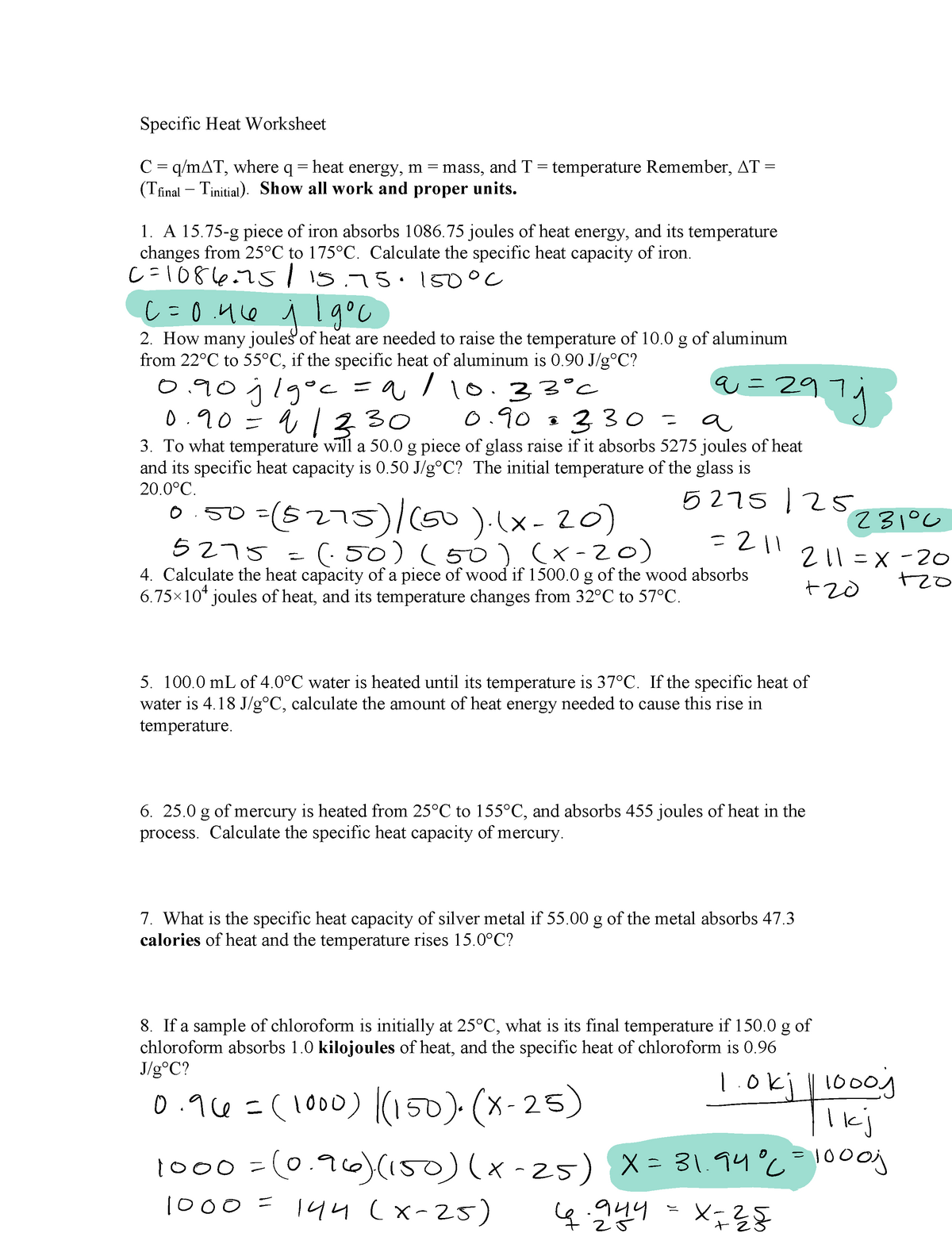 specific heat worksheet