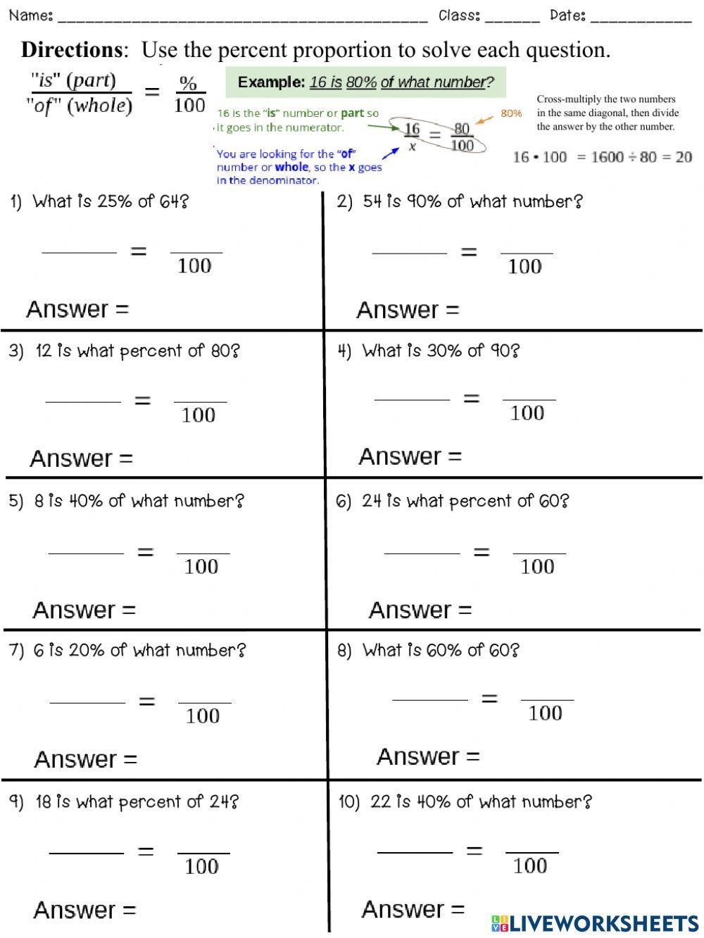 The Percent Proportion Part 1 Worksheet Live Worksheets Worksheets 