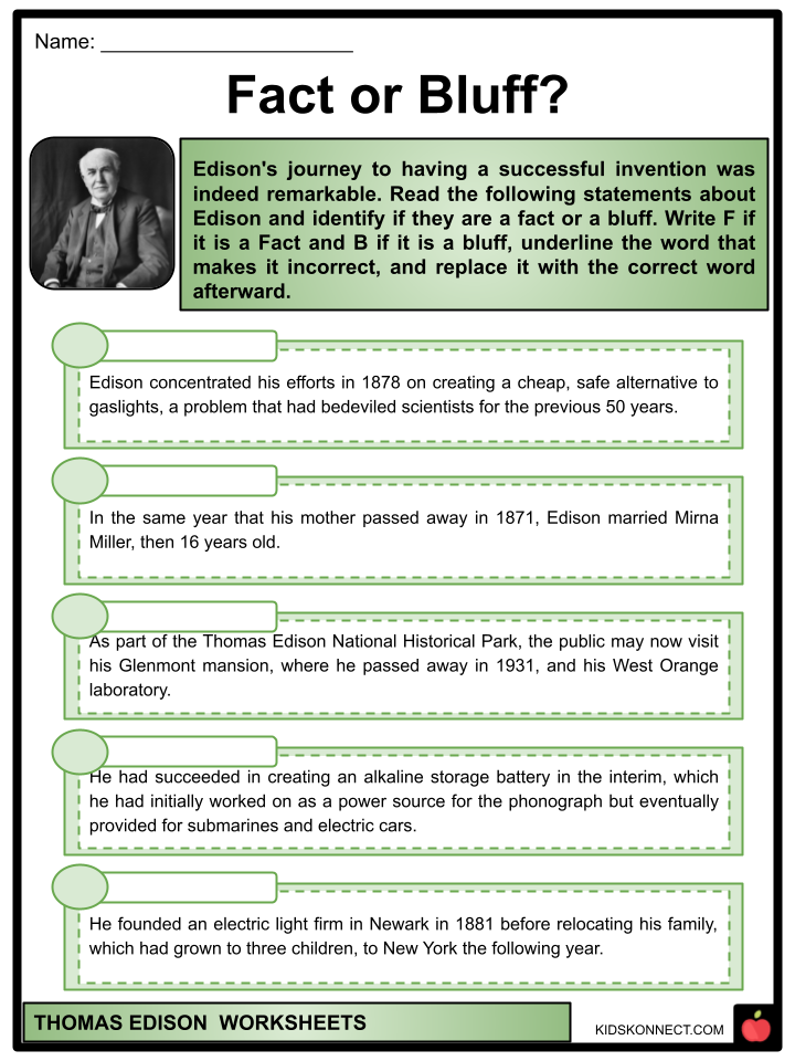 Thomas Edison Facts Worksheets Early Life Inventions Legacy 