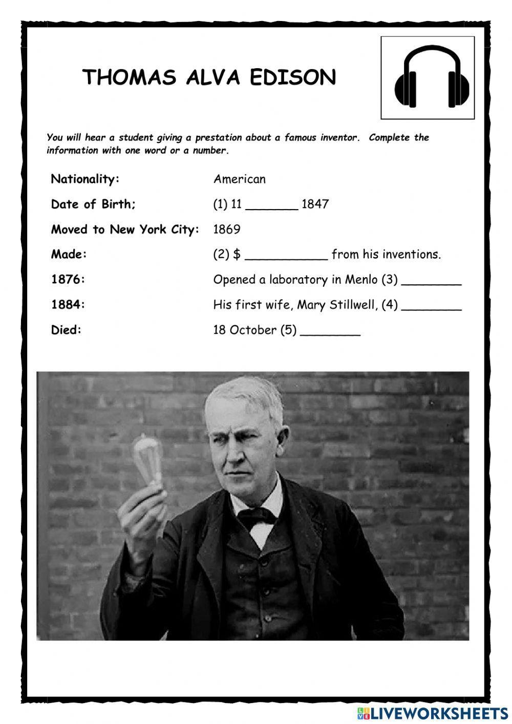 Thomas Edison Listening Estherlee76 Live Worksheets Library