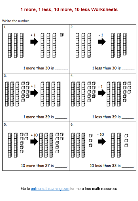 10 More 10 Less Worksheets First Grade Printable Answers 