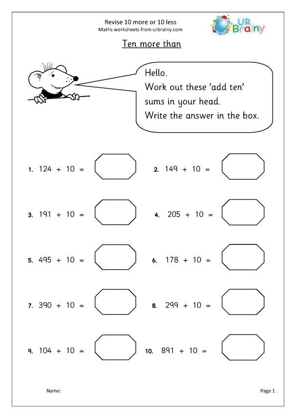 10 More Or 10 Less Worksheet For 1st 2nd Grade Lesson Planet