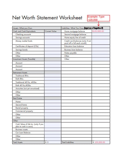 printable net worth worksheet