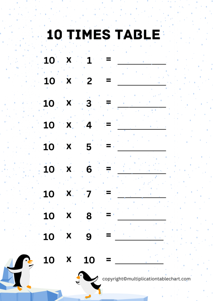 10 Times Table Worksheet 10 Multiplication Table Free PDF