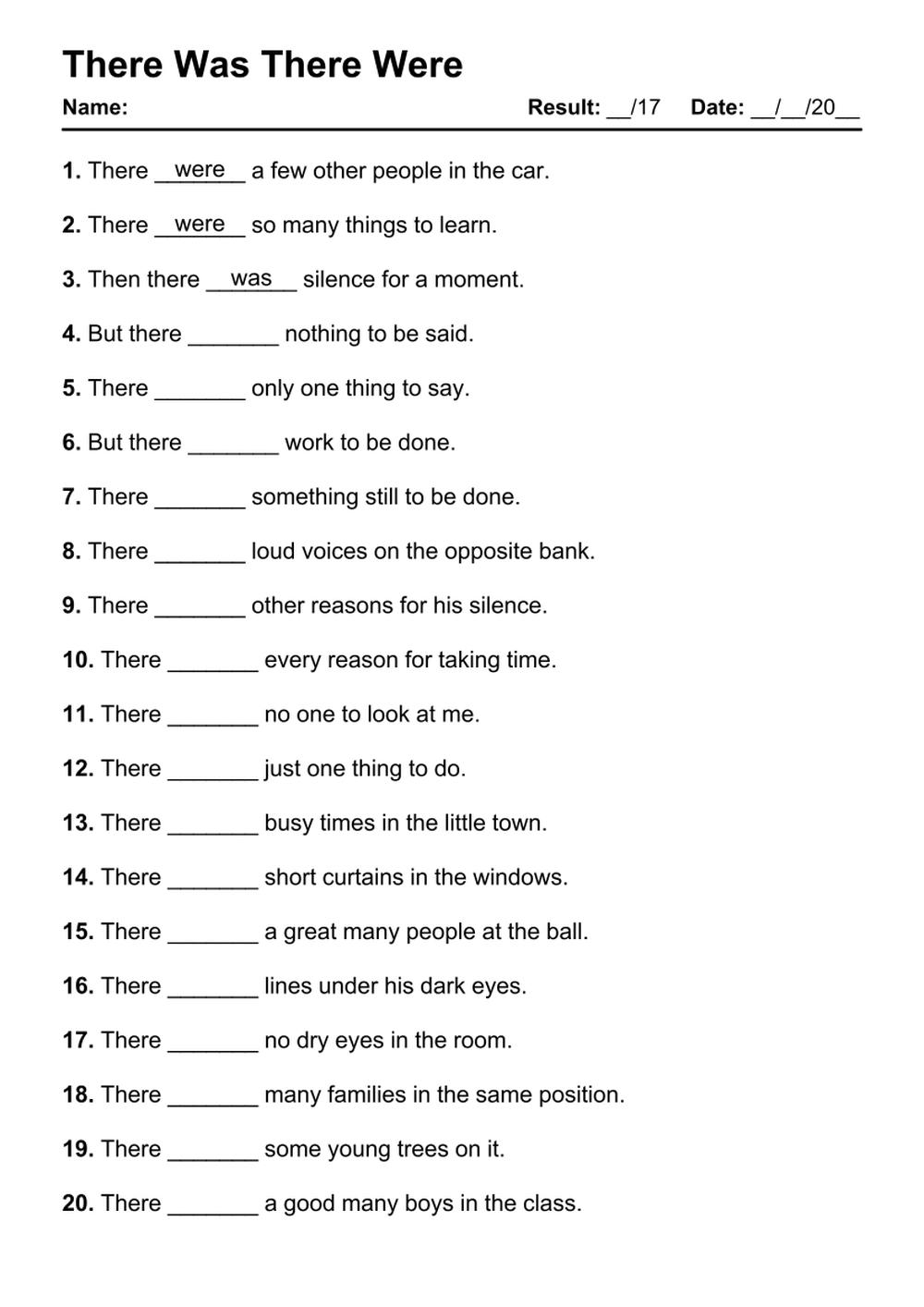 101 There Was There Were PDF Worksheets With Answers Grammarism