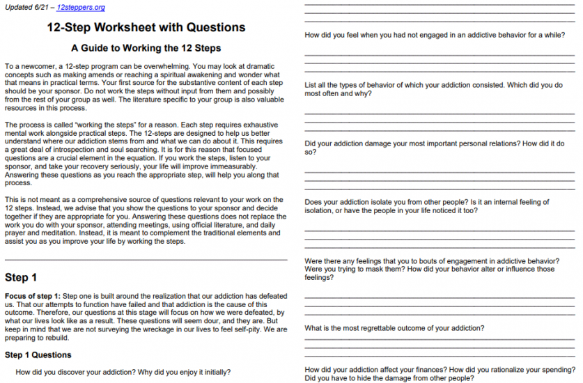 12 Step Worksheet Questions Free Download Print 12 Steppers