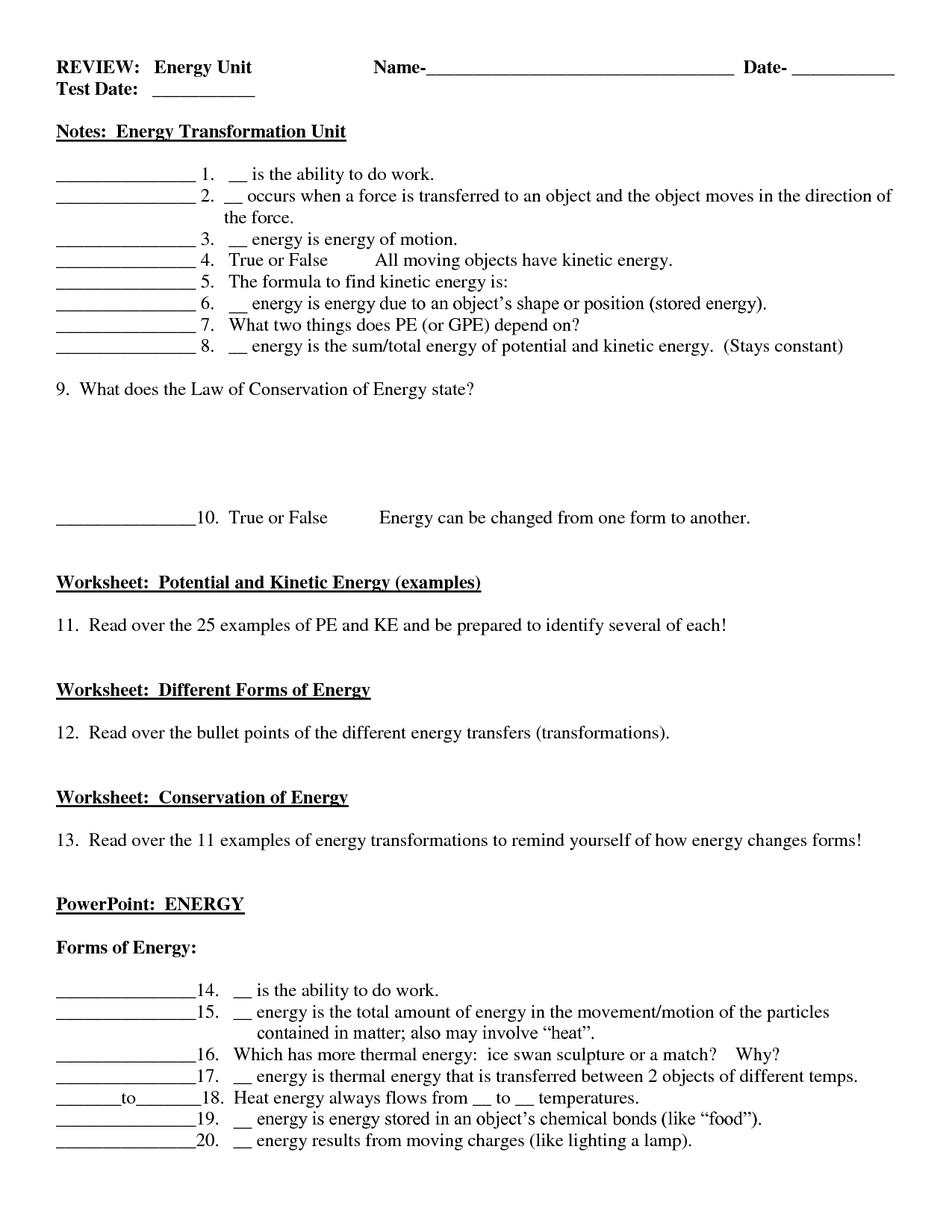16 Best Images Of Energy Conversions Worksheet Forms Of Energy 