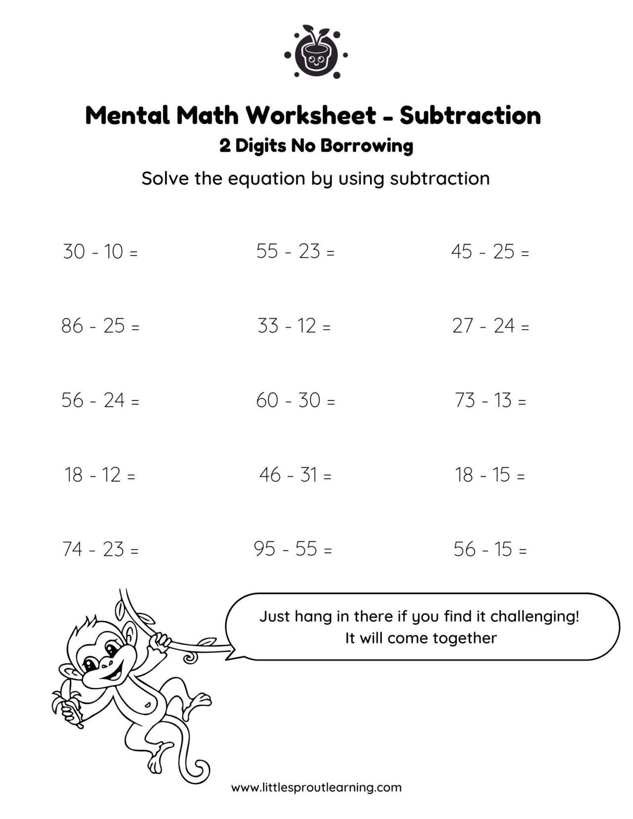 2 Digit Subtraction Mental Math Worksheet No Borrowing